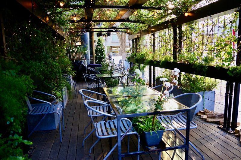 グリーンに包まれたGREEN HOUSEのテラス空間。蔓植物と照明が印象的な席